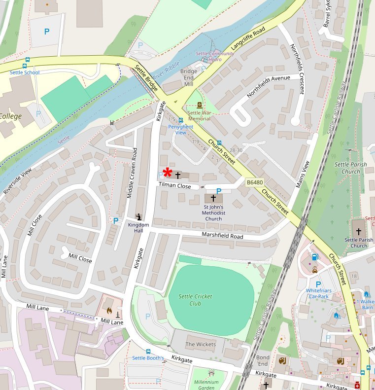 A map of Settle highlighting the Catholic Church