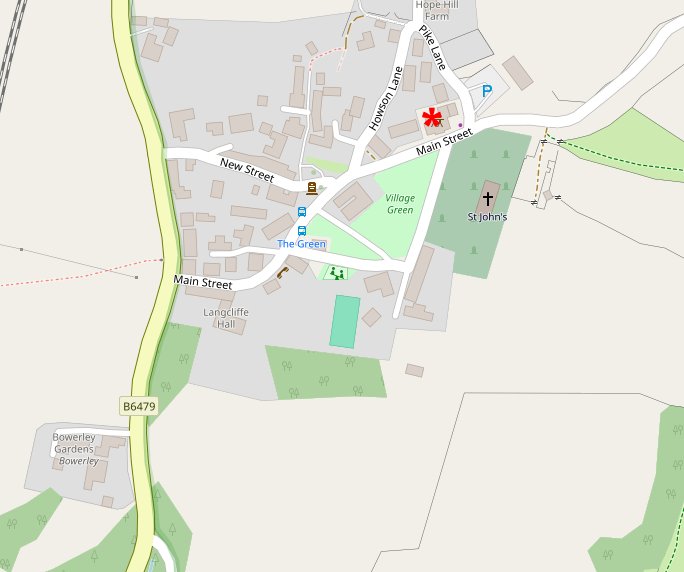 A map of Langcliffe highlighting the Village Institute.