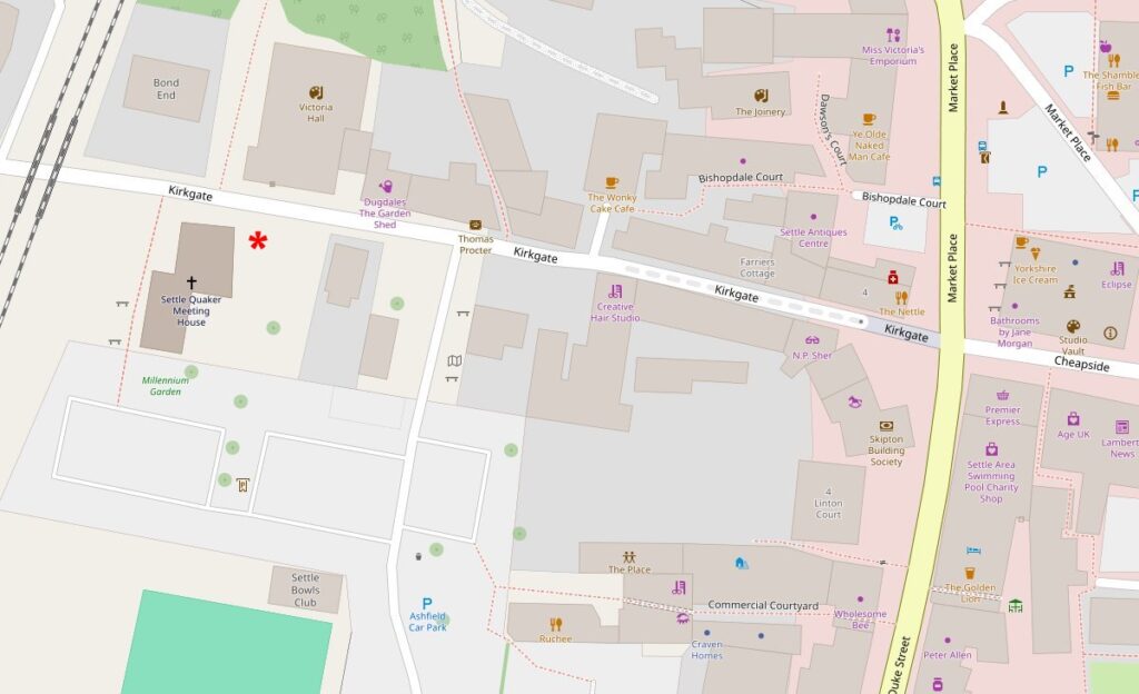 A map of Settle highlighting the Friends Meeting House