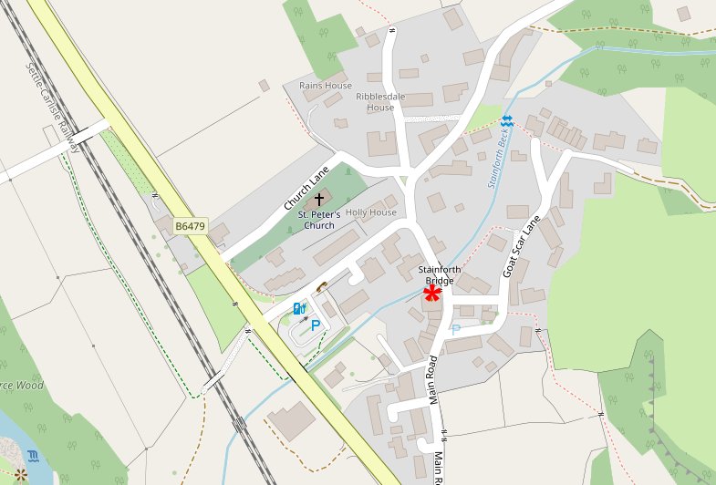 A map of Stainforth highlighting the Craven Heifer pub.