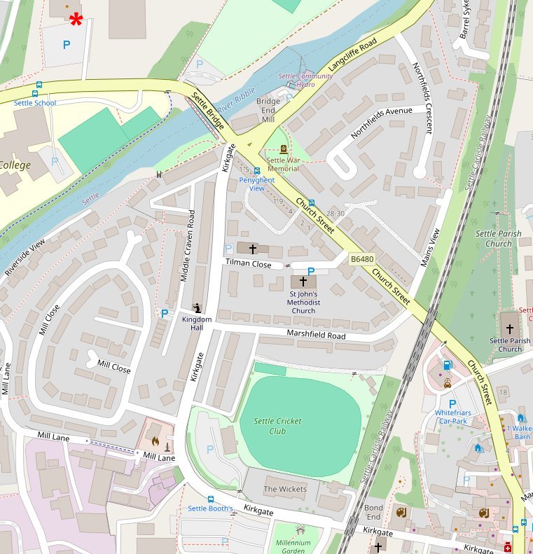 A map of Settle highlighting the Swimming pool