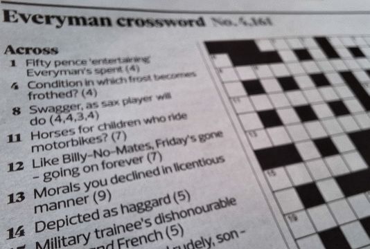 A view of part of an Everyman crossword from the Observer newspaper.